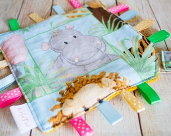 Safari Lovey blanket, Hippo crinkle taggie pacifier holder, Sensory newborn toy