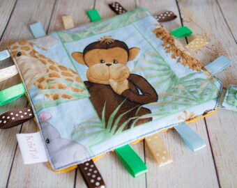 Safari Lovey blanket, Monkey crinkle taggie pacifier holder, Sensory newborn toy