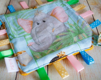 Safari Lovey blanket, Elephant crinkle taggie pacifier holder, Sensory newborn toy