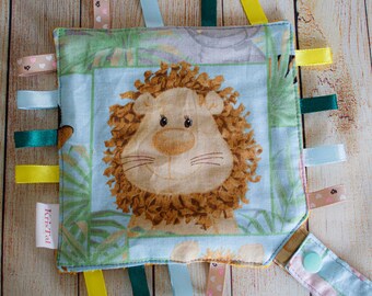 Safari Lovey blanket, Lion crinkle taggie pacifier holder, Sensory newborn toy