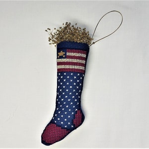 Cross Stitch Stocking Ornament, Patriotic Theme , Featuring American Flag on Navy Background,  Finished