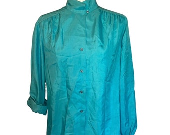 Vintage 1970s Blue Silkhana by Lady Manhattan Long Sleeve Mock Neck Top Size Medium