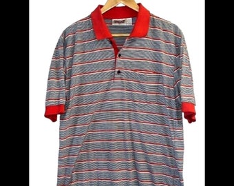 Vintage 1980s Trent Red & Blue Stripe Short Sleeve Thin Retro Polo Shirt Size XL