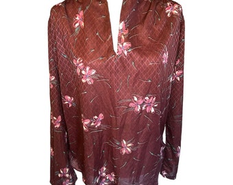 Vintage 1970er Jahre Burgundy Byn Mar Floral V-Ausschnitt Langarm Bluse Größe Large