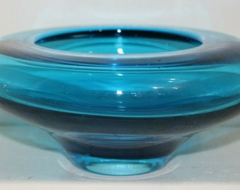 Vintage Blue Art Glass Bowl Polished Smooth Bottom 3" Tall by 7" Wide Beautiful