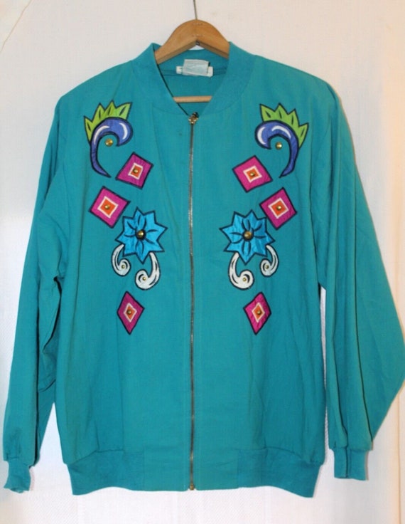Vintage Teal Blue Teddi Lined Southwestern Jacket 