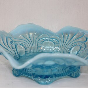 Antique EAPG Jefferson Glass Tokyo Blue Opalescent Ruffled Edge Footed Bowl