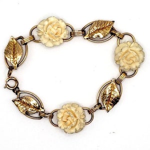 Vintage Signed GAC 12k Gold Filled Carved Roses & Leaves Link Bracelet 7&quot;