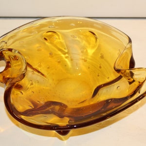 Vintage MCM Bullicante Amber Swirl Art Glass Rolled Edge Ashtray Bowl 9.5&quot;