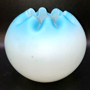 Antique Mt Washington White Faded to Blue Satin Glass Crimped Rose Bowl Vase