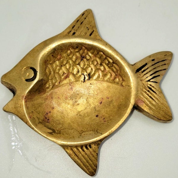 Vintage MCM Solid Brass Fish Trinket Coin Dish