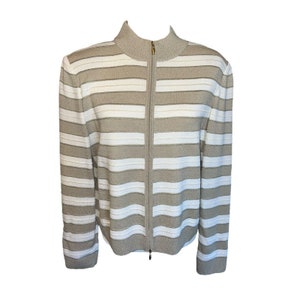 St. John Knit Wool Cream & White Stripe Zip Up Yellow Label Sweater Size Large