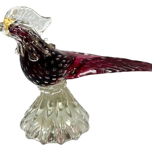 Mid Century Red Murano Art Glass Pheasant Bird Tail Down Bullicante Bubbles