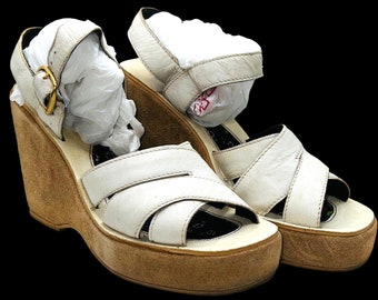 Vtg 70s White Leather S.R.O. D’Miguel Ankle Strap Cork Wedge Platform Heel Sz 8