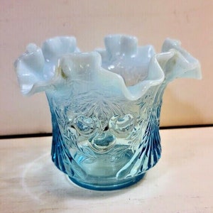 Vintage LG Wright Blue Opalescent Cherry Wreathed Ruffled Edge Sugar Bowl Vase
