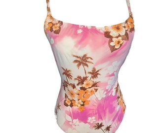 Maillot de bain une pièce rose Esprit Beach floral hawaïen avec dos troué dans le dos, taille Medium