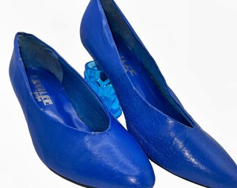 Vintage 80s/90s Blue Leather Jubilee by Myers Round Toe Kitten Heel Pumps Size 6