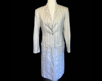 Vintage 60s/70s White Jay B Jrs Blue Pinstripe Skirt Suit Set Size 9