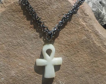 Hueso Ankh tallado colgante dos blanco en niveles cadena gótica gótico collar de brujas regalo joyería egipcia unisex regalo para él su mejor regalo de amigo