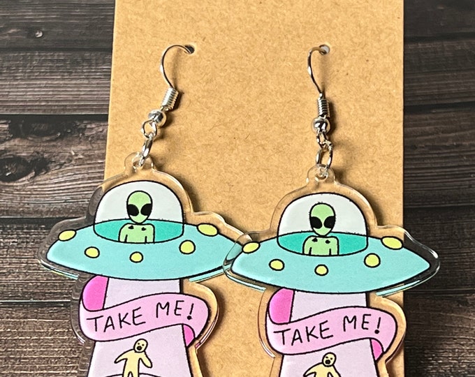 Alien Earring, Dark Humor, Dangle Earring, Science Jewelry, Retro, Space Jewelry, Spaceship, Aliens, UFO, Dangling Earring, Sci-Fi