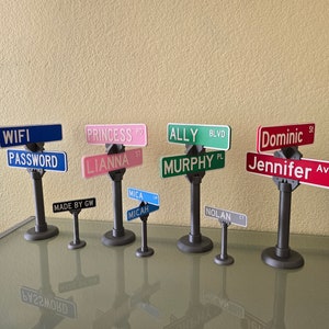 May include: A set of nine miniature street signs with various names and street types, including "WIFI PASSWORD", "PRINCESS RD", "ALLY BLVD", "MURPHY PL", "Dominic", "Jennifer Ave", "MADE BY GW", "MICA", and "NOLAN".