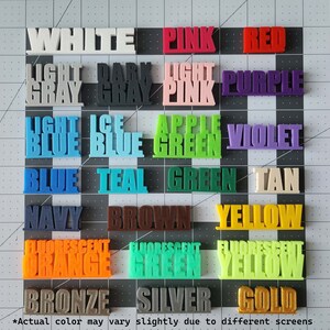 May include: A chart of 20 color swatches with the names of each color printed in white. The colors include white, pink, red, light gray, dark gray, light pink, purple, light blue, ice blue, apple green, violet, blue, teal, green, tan, navy, brown, yellow, fluorescent orange, fluorescent green, and fluorescent yellow. The chart also includes bronze, silver, and gold.