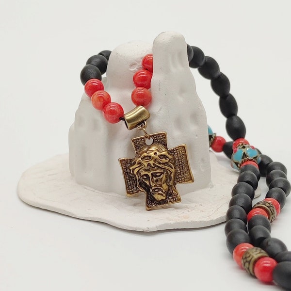 Orthodox Jesus Christ Face Cross Pendant Black Matte Wood Bead Chain Enamel Beads Orange Jadeite Gem Stone Beads Scented Rope Holy Myrhh Oil