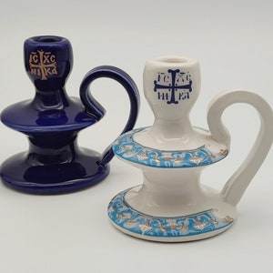 Hand Build Greek Orthodox Ceramic Candle Single Light Holder ICXC NIKA Models Greek Blue And White With Flower Ornamenst