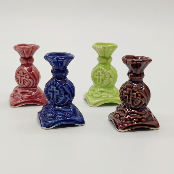 Hand Build Greek Orthodox Mini Ceramic Single Table Candle Holder With Ornaments And Cross Models Glaze Finish Available Four Colors