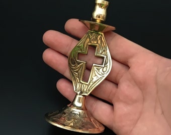 Traditional Orthodox Manual Brass Single Candle Holder Solid Brass Cross Shape Stand For Home Altars And Iconostasis