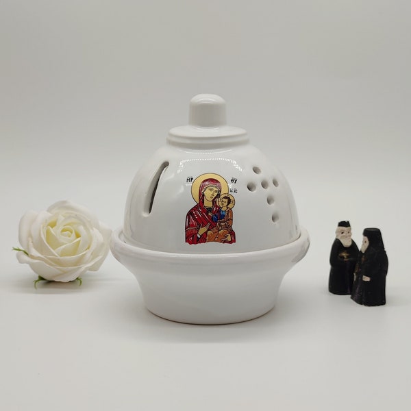 Hand Produced Orthodox Greek Ceramic Tabletop Vigil Lamp With Virgin Mary And Jesus Christ Child Decal FREE Beeswax Wicks And Base For Wicks