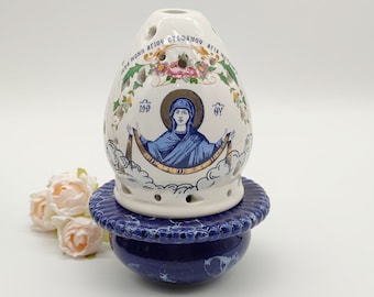 Handmade Greek Orthodox Ceramic Oil Lamp With Virgin Mary Lamp For Candles and Candle Wicks Glaze Effect Greek Blue Color Ceramic Oil Cups