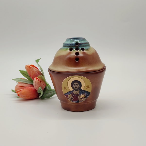 Hand Produced Orthodox Greek Ceramic Tabletop Vigil Lamp With Virgin Mary And Jesus Christ Pantokrator FREE Beeswax Wicks And Base For Wicks