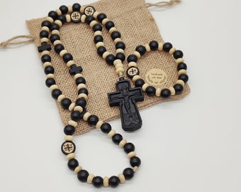 Pendentif de prière orthodoxe orientale et bracelet de prière SET perle en bois noir grande croix en bois ICXC perles NIKA corde parfumée huile d'onction sainte myrrhe