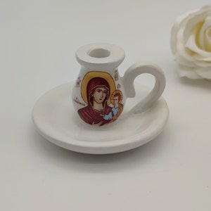 Hand Build Greek Orthodox Ceramic Candle Holder ICXC NIKA Three Models Burgundy Brown White With Ornaments FREE 2 Beeswax Candles