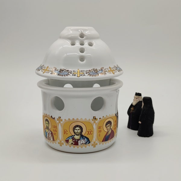 Hand Produced Orthodox Greek Ceramic Tabletop Vigil Lamp With Decals Of Jesus Christ And Saints FREE Beeswax Wicks And Base For Wicks
