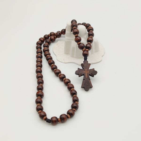 Eastern Orthodox Christianity Wood Coptic Cross Necklace Brown Glossy Beads Wood Beads Neck Chain Scented Rope Anointing Oil Myrhh