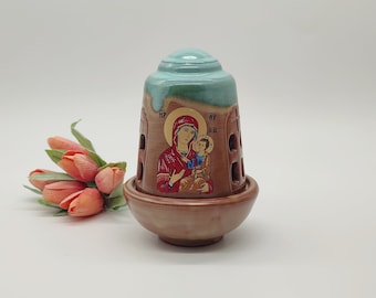 Hand Produced Orthodox Greek Ceramic Tabletop Vigil Lamp With Virgin Mary And Jesus Christ Child FREE Beeswax Wicks And Base For Wicks
