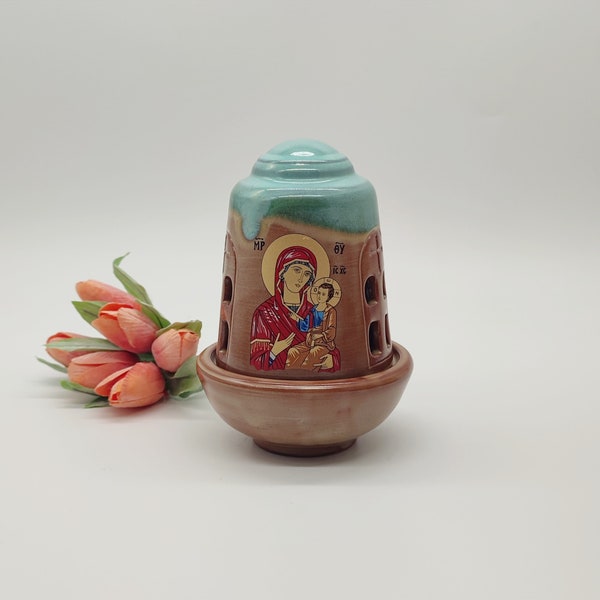 Hand Produced Orthodox Greek Ceramic Tabletop Vigil Lamp With Virgin Mary And Jesus Christ Child FREE Beeswax Wicks And Base For Wicks