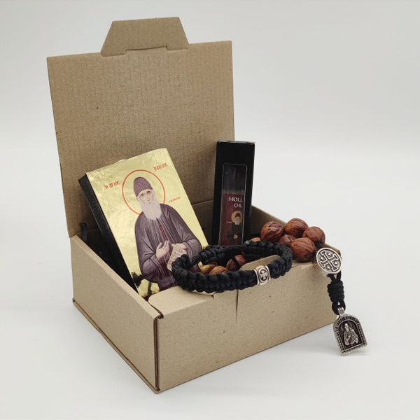 Christianity Box With Saint Paisios Agioritis Prayer Rope 21 Beads Cross Bracelet Holy Anointing Oil 8ml Spikenard Silkscreen Polished Icon