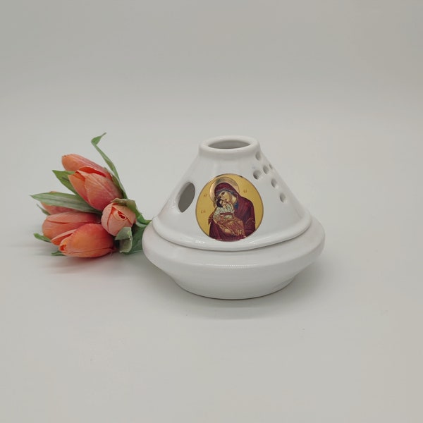Hand Produced Orthodox Greek Ceramic Tabletop Vigil Lamp With Virgin Mary And Jesus Christ Child FREE Beeswax Wicks And Base For Wicks