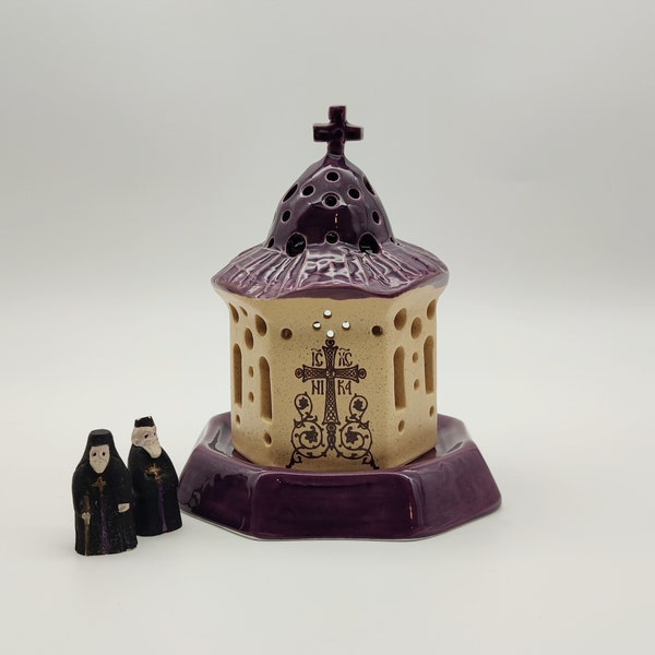 Orthodox Greek Hand Build Ceramic Vigil Oil Candle Lamp Virgin Mary With Baby Jesus Christ ICXC NIKA Flower Decoration Orthodox Home