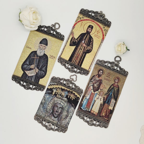 Eastern Orthodox Fabric Cloth Icon Banner Textile Art St Paisios St Efrem The Brigadier General Of The Mandanades St Raphael Nicholas Irene