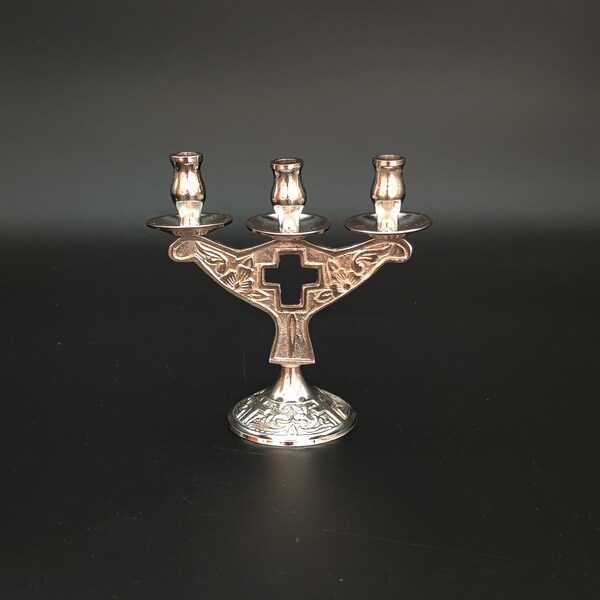 Luxury Orthodox Brass Triple Candle Holder With Drip Trays Authentic Patina Brass Gold And Silver Metal Candelabras FREE 3 pcs. Candles