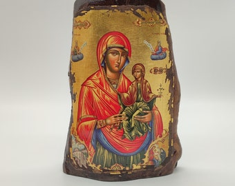 Orthodox Handmade Icon Of Saint Anna Mother Of Holy Mary On Irregular Linden Tree Trunk Amazing Crackle Effect Aγια θεοπρομητωρ Aννα