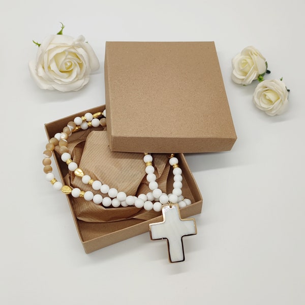 Orthodox Luxury Mother Of Perl Beads Neck Cross White And Caramel Shell Pearl Beads Golden 24K Metal Accessories Metal Thread Gold Cord