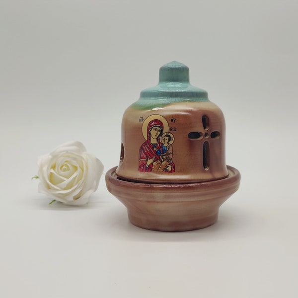 Hand Produced Orthodox Greek Ceramic Tabletop Vigil Lamp With Virgin Mary And Jesus Christ Child Decal FREE Beeswax Wicks And Base For Wicks