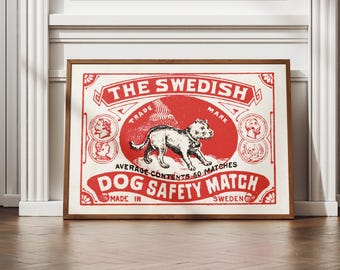 スウェーデンの犬のマッチ箱ラベルポスター、印刷可能な壁アート、家の装飾のアイデアのためのダウンロード可能なポスター、デジタルダウンロード壁アート、ヴィンテージプリントアート