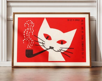 ヴィンテージマッチ箱パイプ猫ポスター | チェコスロバキア風ウォールアート（ホームデコレーション用） | レトロな印刷可能なデジタルダウンロード可能なプリントアートギフト | MAT-0004