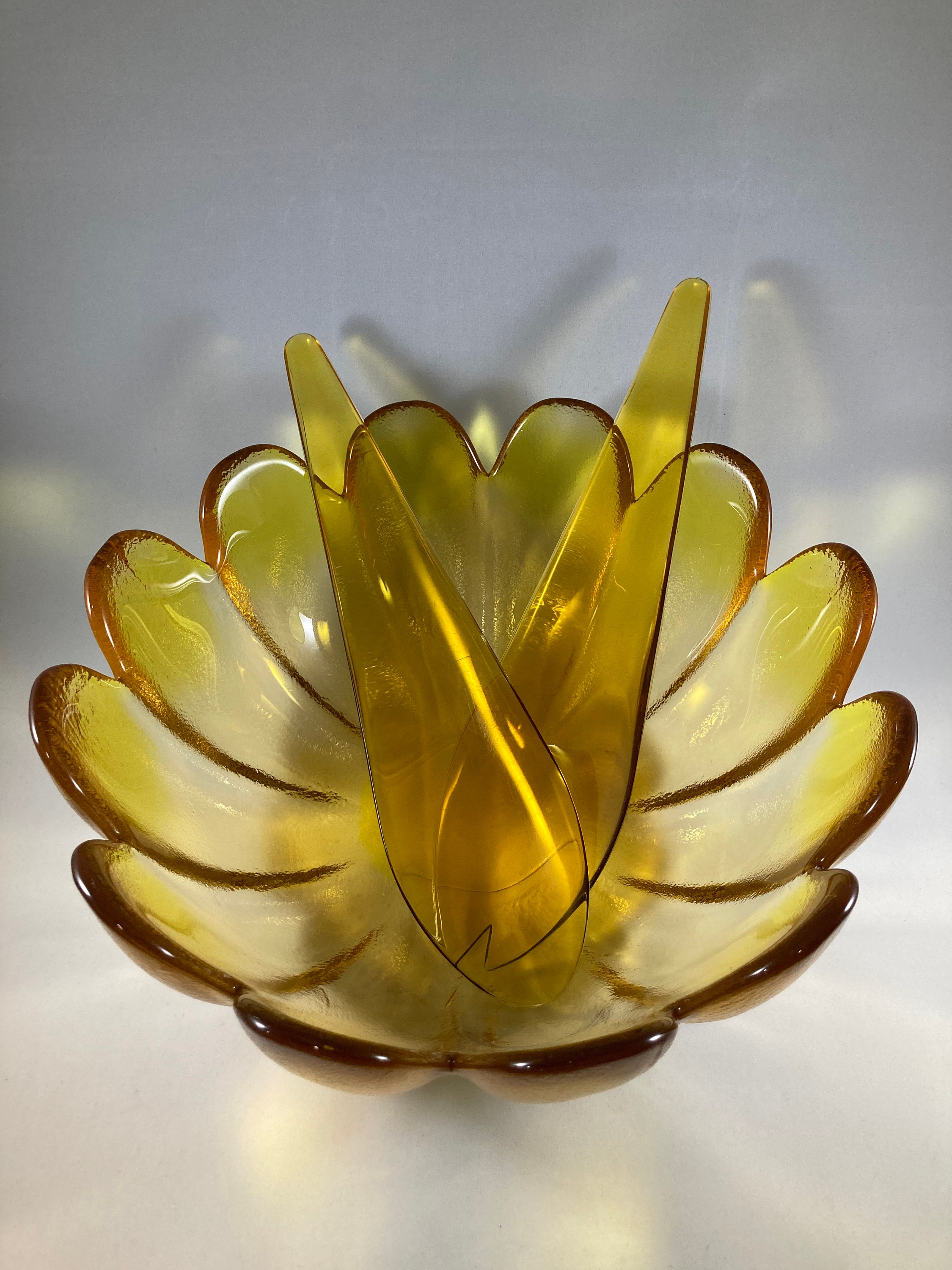Mid Century Indiana Glass Salad Bowl Lotus in Yellow light Etsy UK